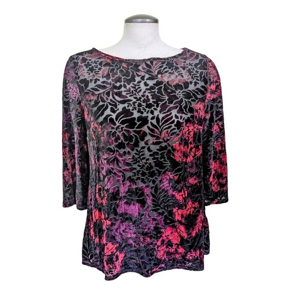 Roz Ali Velvet Burnout Top Size M Womens Semi Sheer Silky Mesh Dark Red Black - Picture 1 of 8